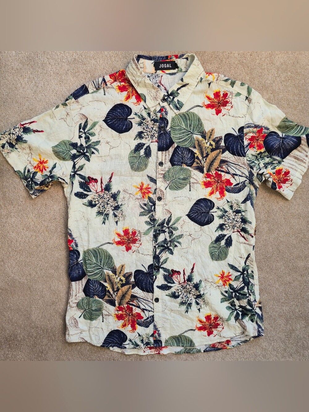 Jogal Hawaiian Shirt Mens Aloha Medium Monstera Floral Button Up Short Sleeve